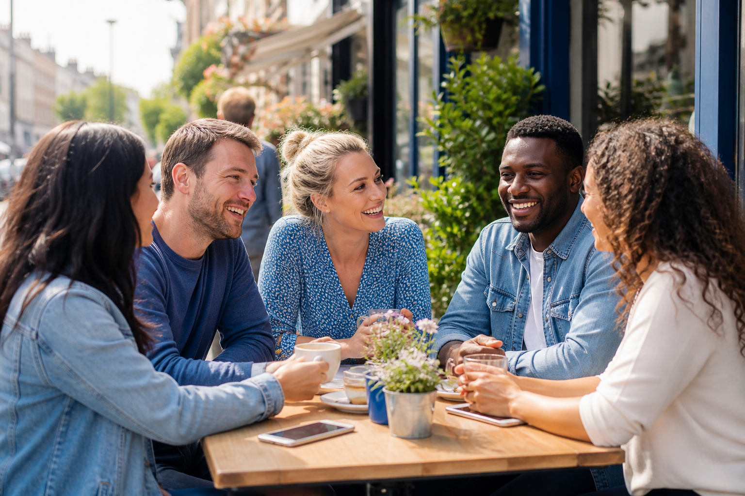 A friendly group talking at a sunny UK cafe