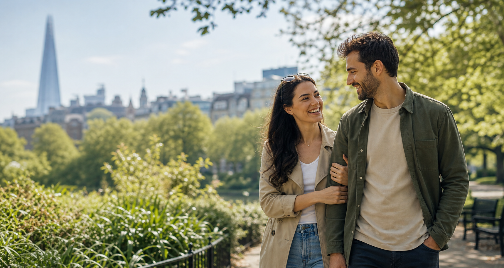 A smiling couple walking together in a sunny UK park